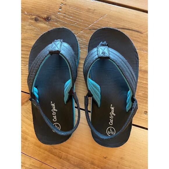 Cat & Jack Toddler Boys Flip Flops. Black w/ teal & Yellow. Size Large 9/10 - Picture 1 of 4